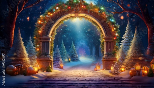 Magical portal decorated with garlands and Christmas lights, leading to an enchanted forest