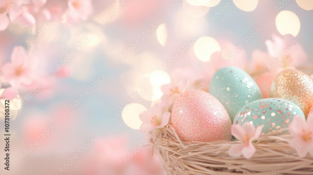 Pastel-colored Easter eggs rest in a woven basket adorned with spring blossoms, creating a festive and cheerful atmosphere Pastel-colored Easter eggs rest in a woven basket adorned with spring blossoms, creating a festive and cheerful atmosphere