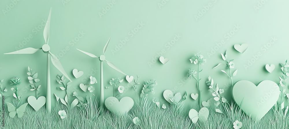 Fototapeta premium Minimalist green background of a wind turbine for environmental, AI generated