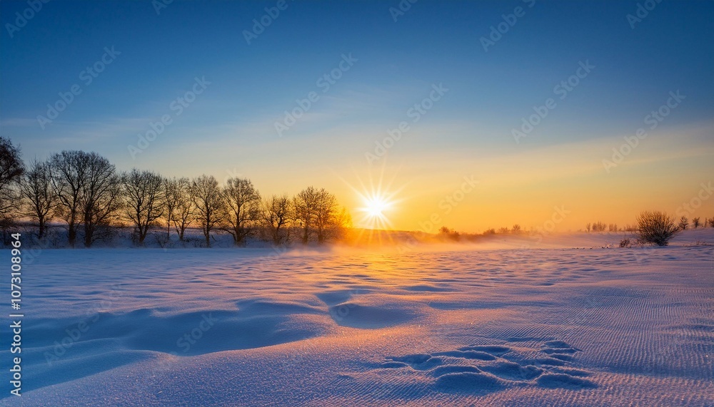 Sun rising over a snow-covered field, symbolizing the arrival of a new year Sun rising over a snow-covered field, symbolizing the arrival of a new year