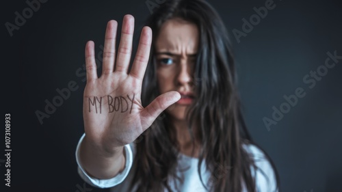 Young Woman Expressing Bodily Autonomy with "My Body" Written on Her Raised Hand