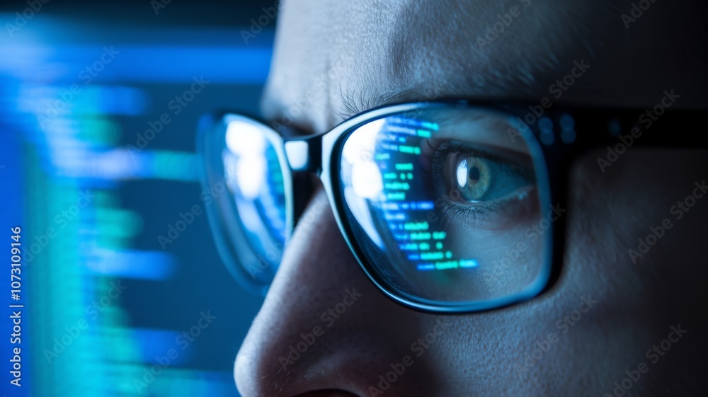 Closeup of Reflected Code on Glasses of a Programmer at Work Closeup of Reflected Code on Glasses of a Programmer at Work