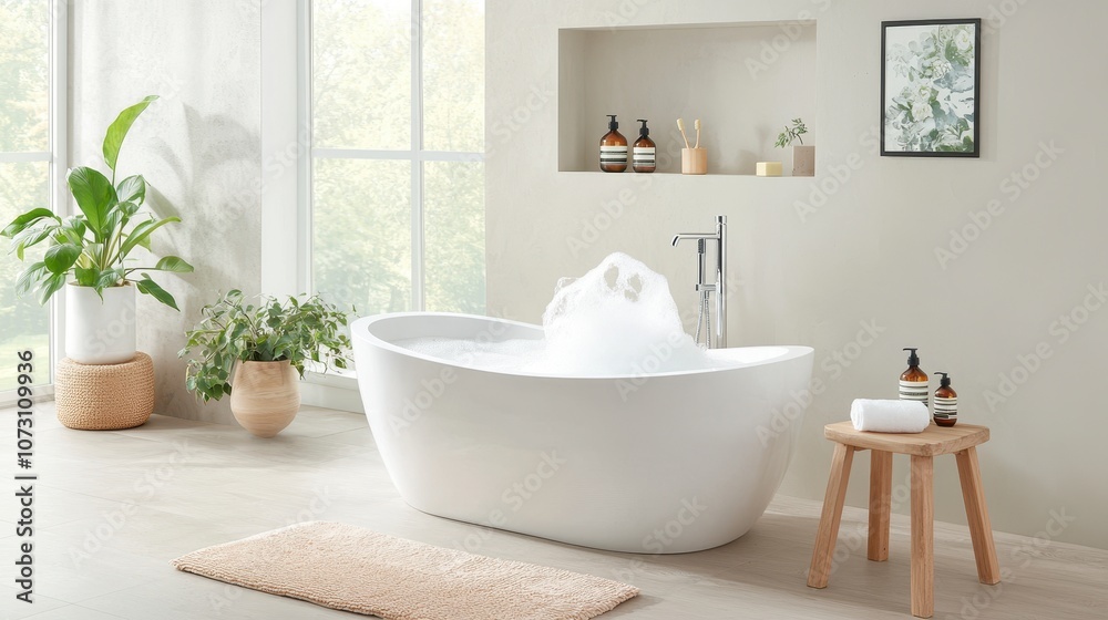 Modern minimalist bathroom with freestanding tub, lush greenery, natural light streaming through windows, and elegant decor for a serene relaxation experience Modern minimalist bathroom with freestanding tub, lush greenery, natural light streaming through windows, and elegant decor for a serene relaxation experience
