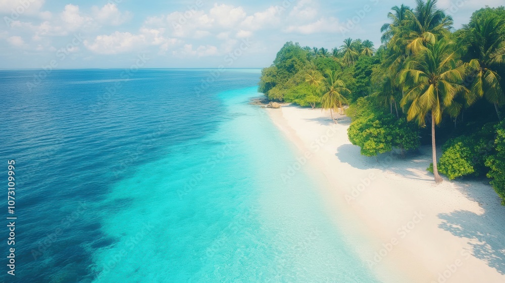 Fototapeta premium A secluded tropical island features a stunning white sand beach and crystal-clear turquoise water, embraced by lush greenery