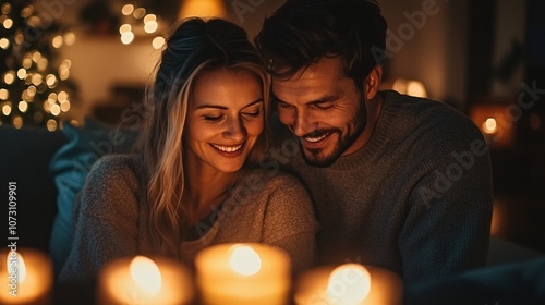 Embracing Self-Care: Couple Practicing Mindfulness and Relaxation Techniques in Cozy Living Room with Candles and Soft Lighting