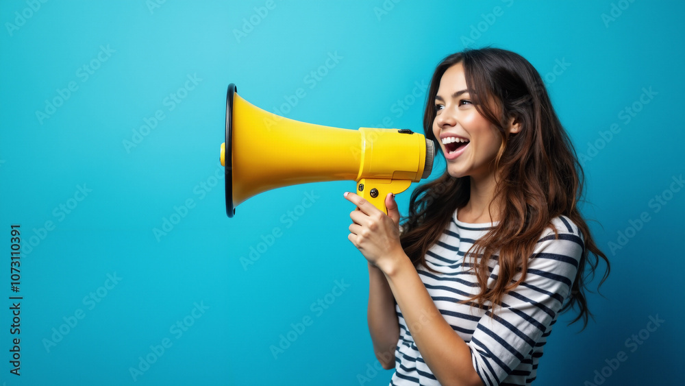Energetic Woman with Megaphone: Vibrant Stock Photo for Advertising, Event Promotion, and Brand Awareness Campaigns Energetic Woman with Megaphone: Vibrant Stock Photo for Advertising, Event Promotion, and Brand Awareness Campaigns
