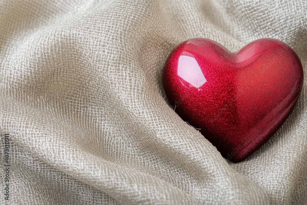 Fototapeta premium Single Red Heart Shaped Object on Fabric