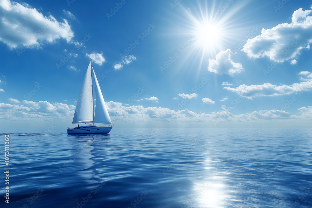 Obraz premium A sailboat glides across the sparkling blue waters on a sunny day. The white sails catch the wind, creating a sense of freedom and adventure.