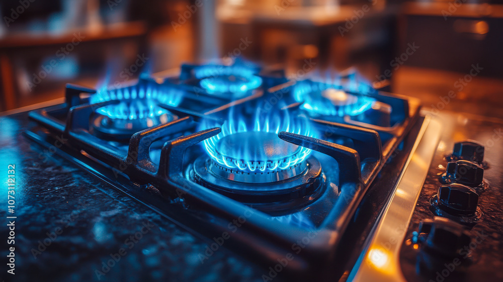 Close-up of blue flame on modern kitchen gas stove at night Close-up of blue flame on modern kitchen gas stove at night