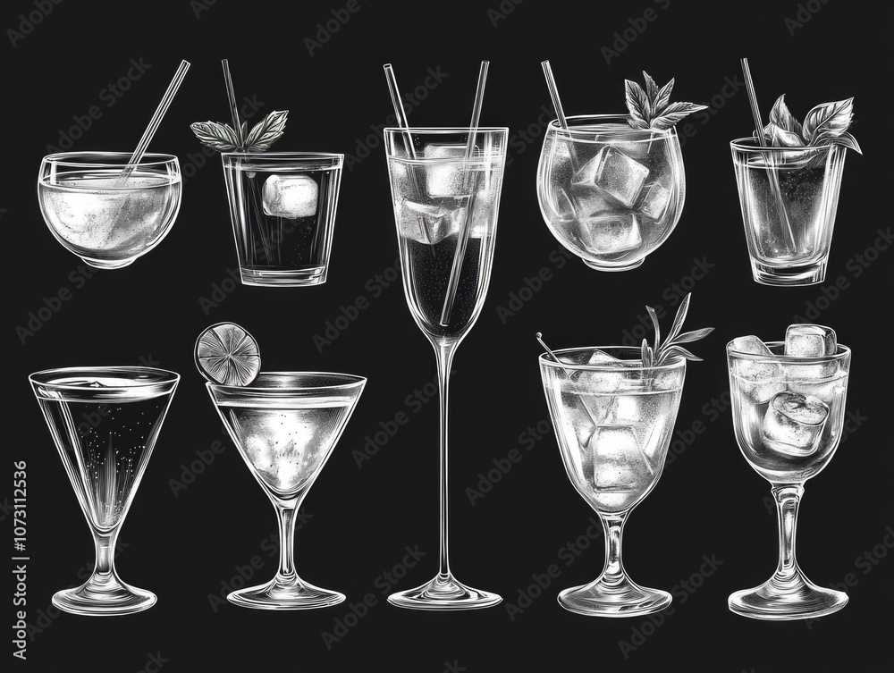 Variety of wine and cocktail glasses with ice cubes and garnishes. Variety of wine and cocktail glasses with ice cubes and garnishes.