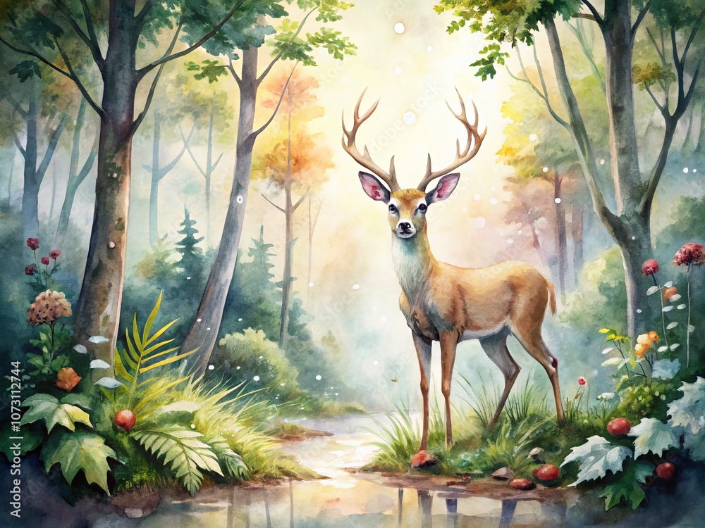 Fototapeta premium Serene Watercolor Art of a Majestic Deer in a Natural Landscape, Capturing the Grace and Beauty of Wildlife Through Candid Photography Techniques