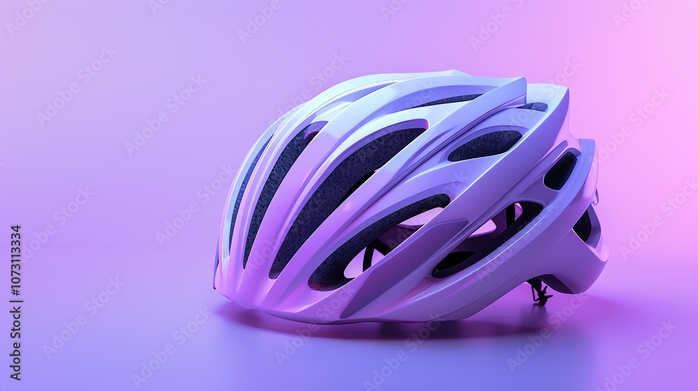 A white bicycle helmet on a purple background. A white bicycle helmet on a purple background.