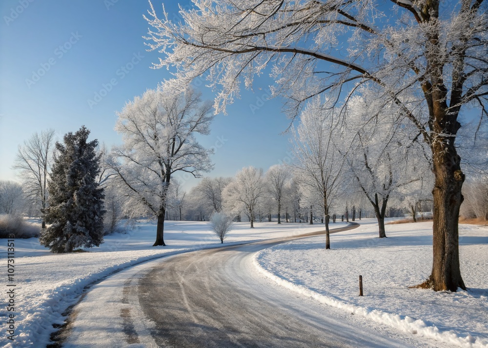 Serene Winter Landscape with Snow-Covered Trees and a Snowy Road Under a Clear Blue Sky in a Cold Color Palette Capturing the Tranquility of a Frosty Day in the Park Serene Winter Landscape with Snow-Covered Trees and a Snowy Road Under a Clear Blue Sky in a Cold Color Palette Capturing the Tranquility of a Frosty Day in the Park