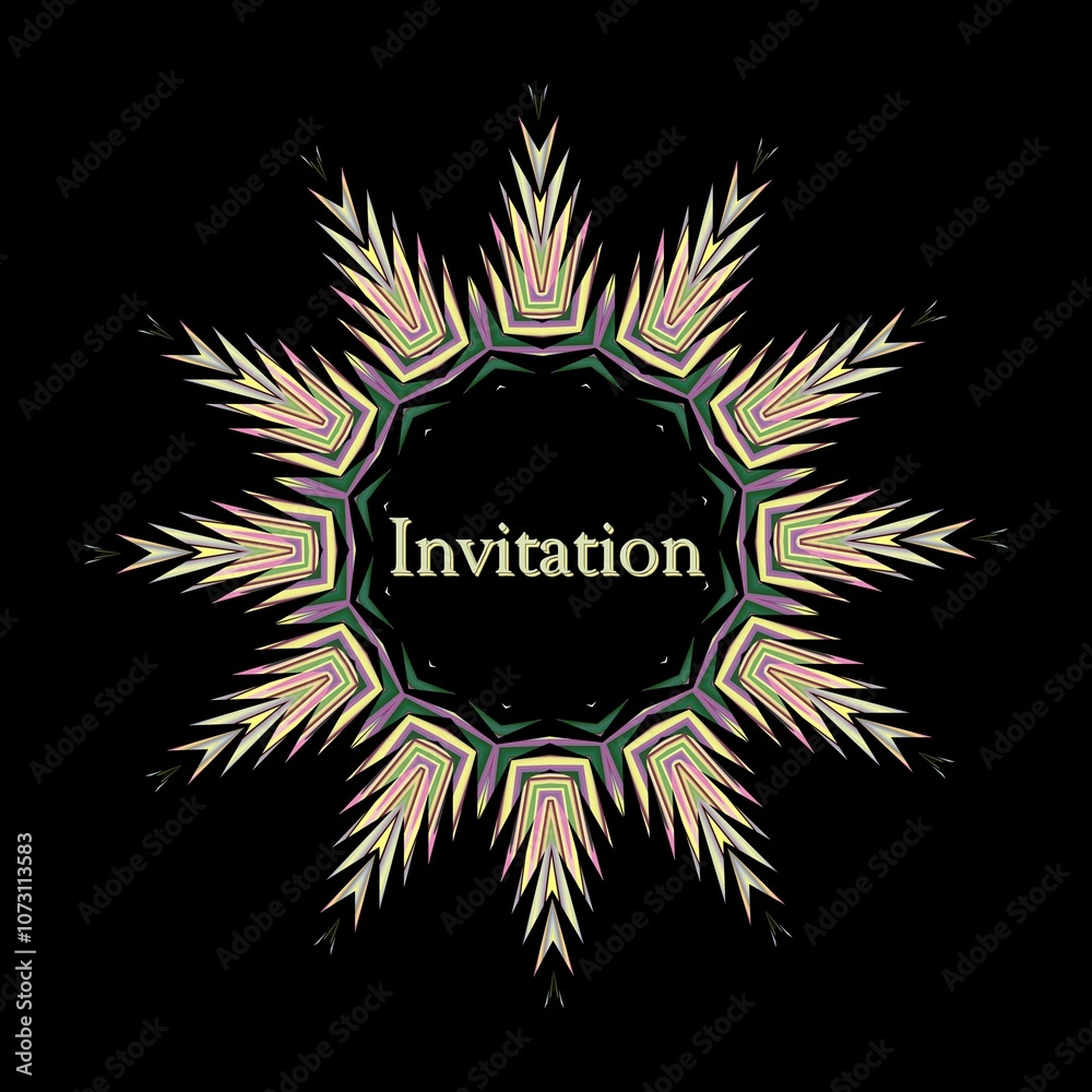 Naklejka premium motif en forme d'étoile 12 branches multicolore sur fond noir avec texte : invitation