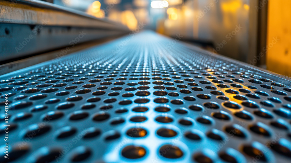 Close-up of perforated metal sheet in factory, showcasing industrial production