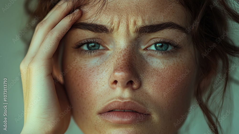 a woman holding her temples, her face expressing pain from a severe headache a woman holding her temples, her face expressing pain from a severe headache