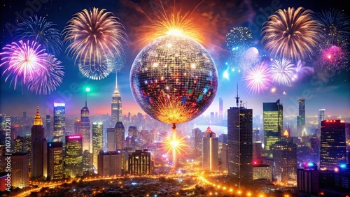 Shimmering New Year's Ball Drop Over City Skyline with Cheering Crowd, Celebrating Countdown to Midnight in a Vibrant Urban Setting