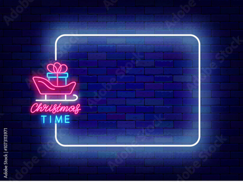 Christmas time neon banner. Season sale and holiday celebration. Vector stock illustration