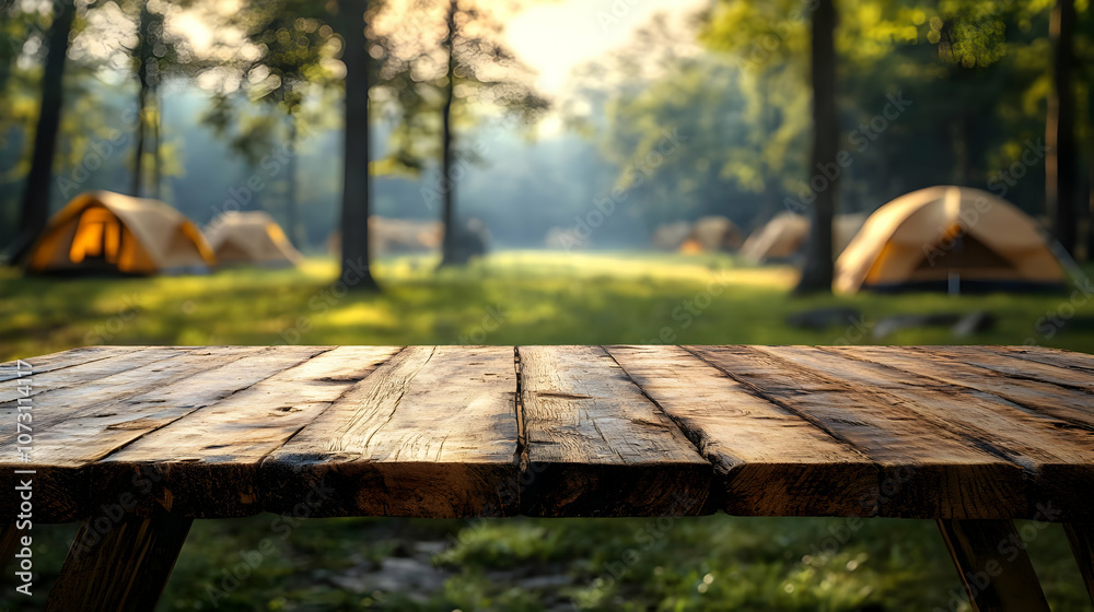 Wooden Table Top in Forest Camping Scene Background Wooden Table Top in Forest Camping Scene Background