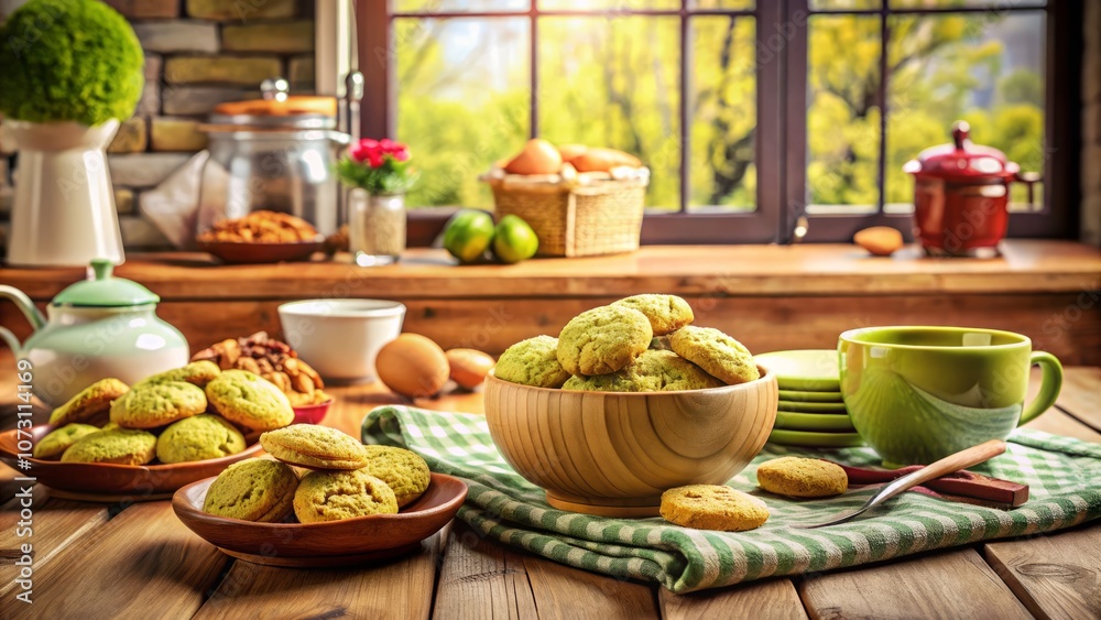 A Cozy Kitchen Scene Featuring Freshly Baked Pistachio Cookies Surrounded by Colorful Kitchenware Bathed in Warm, Inviting Light for a Homely Atmosphere