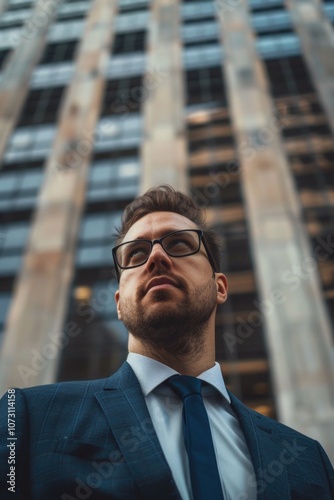 Male businessman in a suit and tie, looking confident with a tall skyscraper behind him. His posture conveys professionalism and determination.