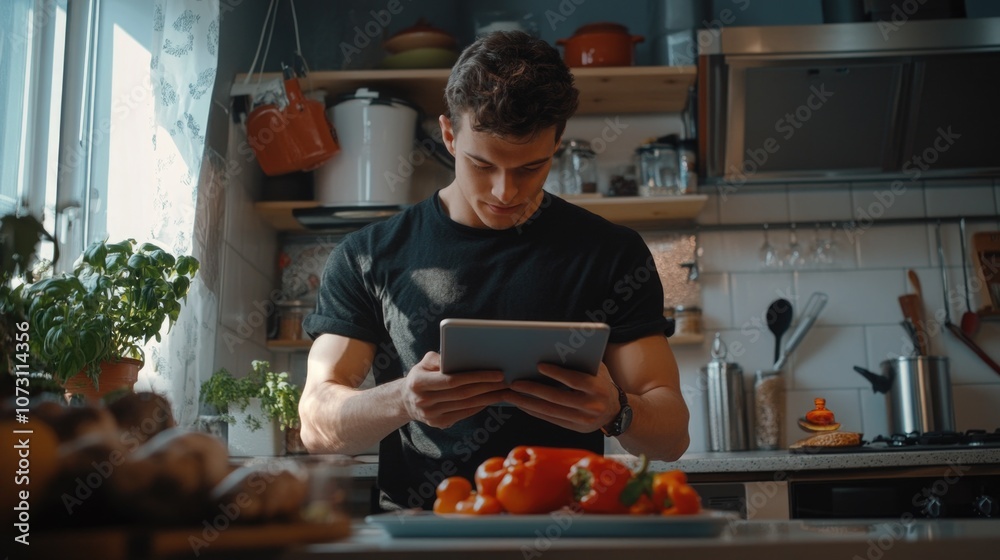 Chef using a tablet while preparing meal in modern kitchen. Chef using a tablet while preparing meal in modern kitchen.