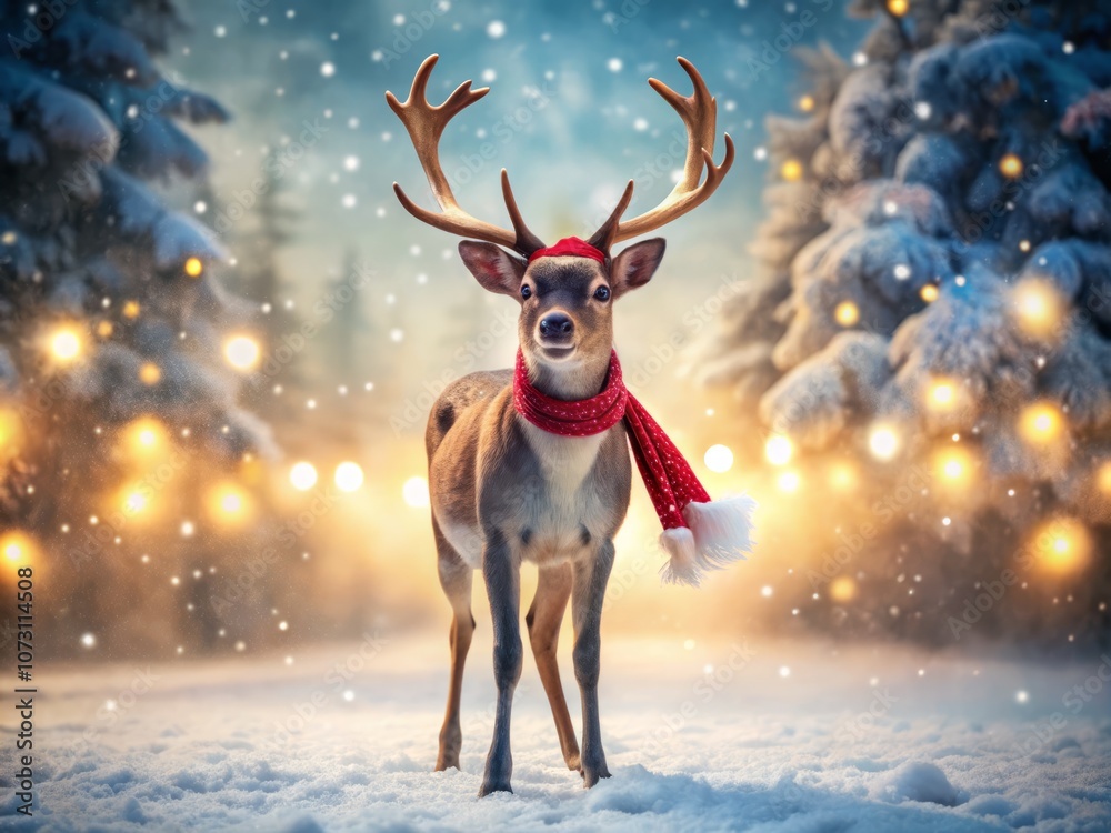Adorable Reindeer Dressed in Festive Accessories Amidst a Snowy Wonderland with a Beautiful Bokeh Effect for a Charming Holiday Atmosphere Adorable Reindeer Dressed in Festive Accessories Amidst a Snowy Wonderland with a Beautiful Bokeh Effect for a Charming Holiday Atmosphere
