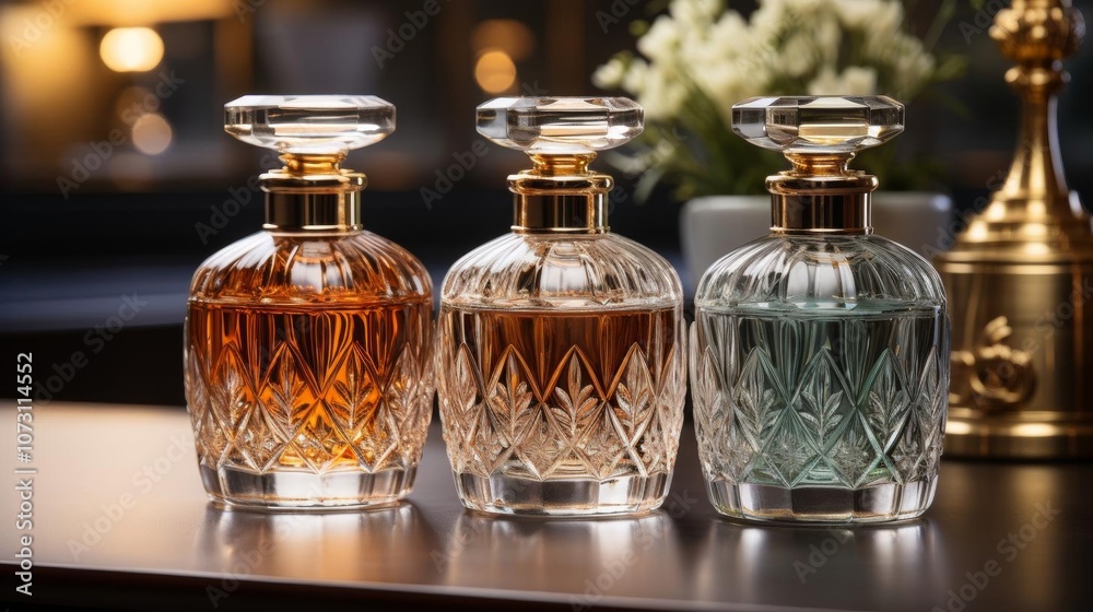 Three perfume bottles with gold tops sit on a table Three perfume bottles with gold tops sit on a table