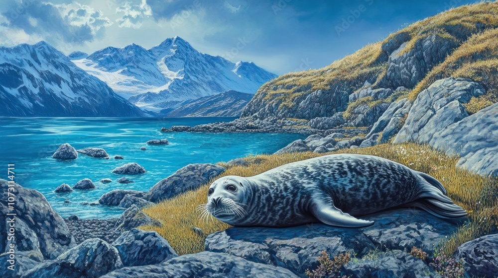 Obraz premium A lone seal basks on a rocky outcropping overlooking a serene alpine lake.