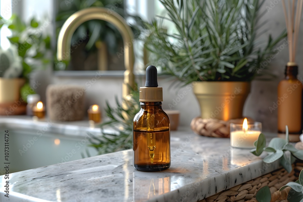 Serene Home Spa Setting with Essential Oils and Candle Serene Home Spa Setting with Essential Oils and Candle