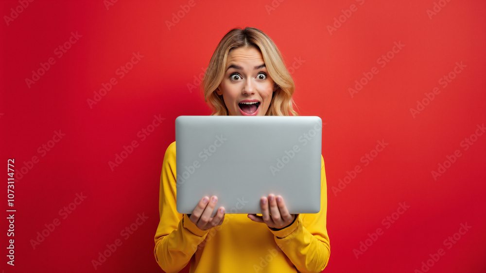 Surprised Woman in Yellow with Laptop: Perfect for E-commerce, Tech Sales, and Cyber Monday Campaigns Surprised Woman in Yellow with Laptop: Perfect for E-commerce, Tech Sales, and Cyber Monday Campaigns