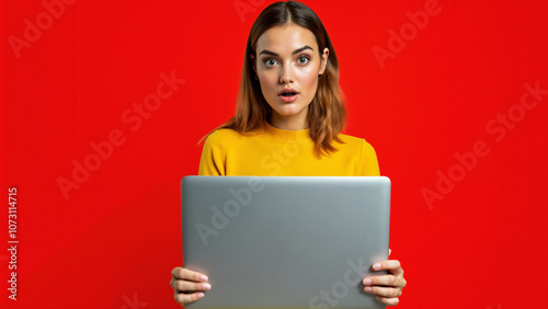 Surprised Woman in Yellow with Laptop: Perfect for E-commerce, Tech Sales, and Cyber Monday Campaigns