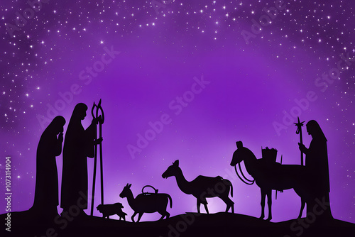 The nativity scene in silhouette with an intense violet and lavender background, Ai Generated