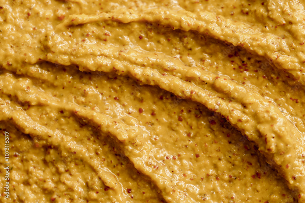 Mustard sauce with grains close-up. Hot spices as a background. Texture of Dijon mustard. Mustard sauce with grains close-up. Hot spices as a background. Texture of Dijon mustard.