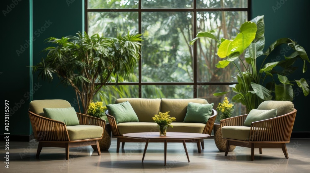 A living room with a large window and a green couch A living room with a large window and a green couch