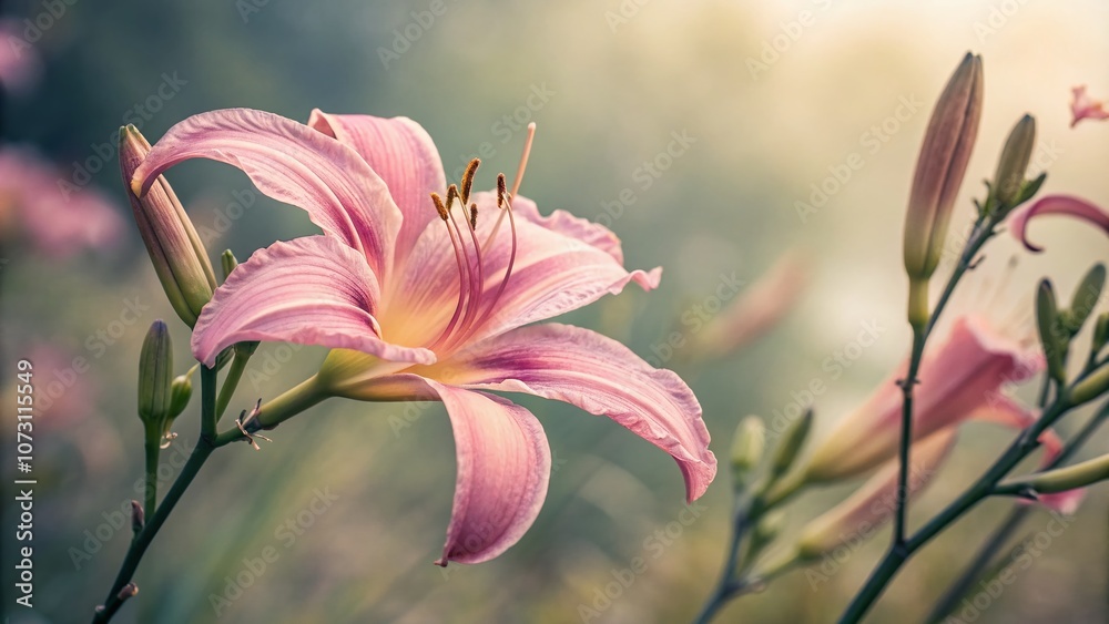 Fototapeta premium Soft Focus Landscape of a Beautiful Pink Lily Flower with Retro Tones and Shallow Depth of Field, Ideal for Nature and Floral Photography Lovers