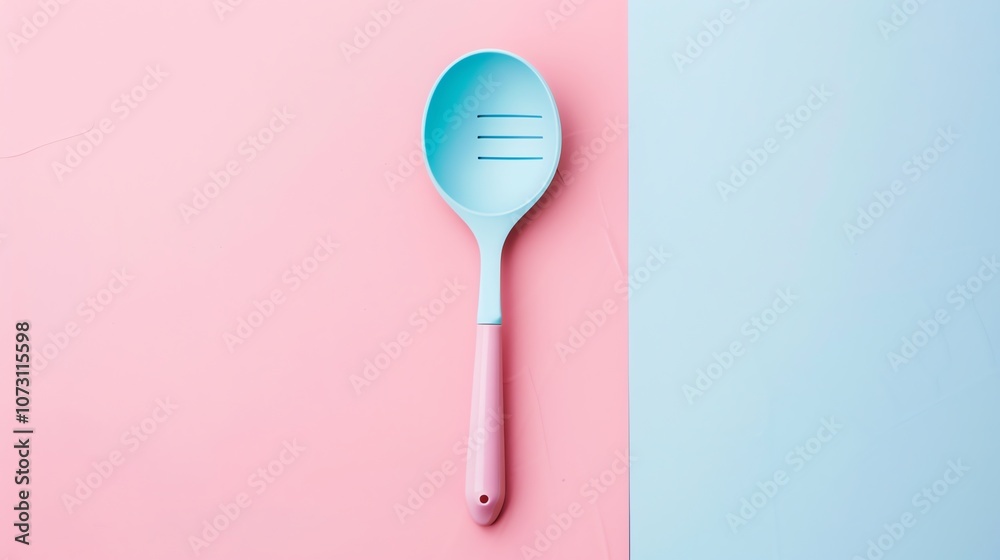 A blue and pink kitchen spoon on a pink and blue background. A blue and pink kitchen spoon on a pink and blue background.