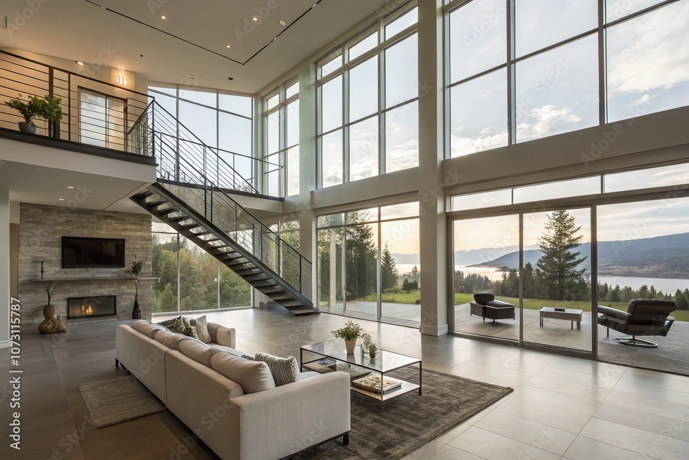 Fototapeta premium Spacious Modern Living Room with Large Windows, Floating Staircase, and Minimalistic Furniture Showcasing a Bright and Airy Aesthetic in Contemporary Design