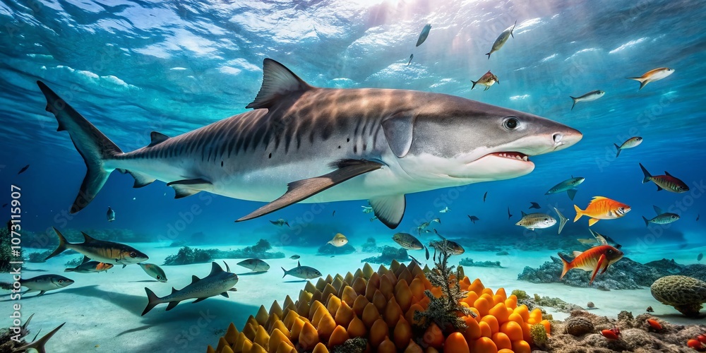 Fototapeta premium Spectacular Tiger Shark Feasting on Prey at Ocean Floor in Maldives - A Thrilling Shark Diving Adventure Captured in Stunning Detail with Vibrant Underwater Colors