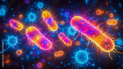 Colorful microscopic bacteria and viruses in a vibrant microbiological environment