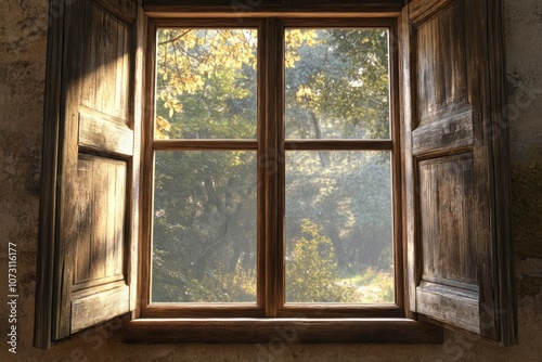 Open window with wood frame set into stone wall allowing natural light and outdoor view. Vintage, rustic architectural detail. Sunlit room interior.