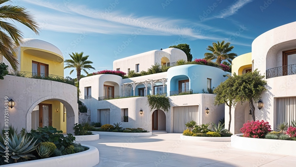 Fototapeta premium Stunning View of Vibrant Modernist Architecture in Ibiza, Spain Perfect for Travel Features