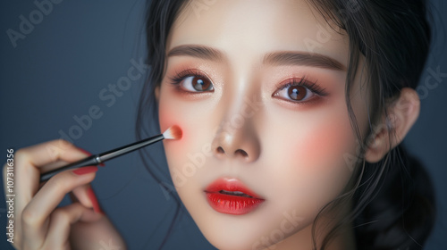 Beautiful Asian woman holding cosmetic makeup brush. Isolated subject on a black background.