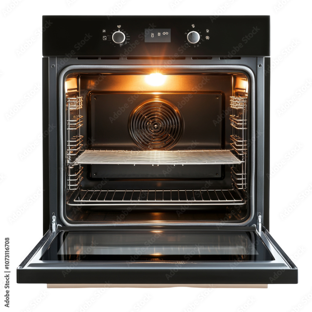 Obraz premium A black oven with a light on it. The oven is empty. PNG Transparent