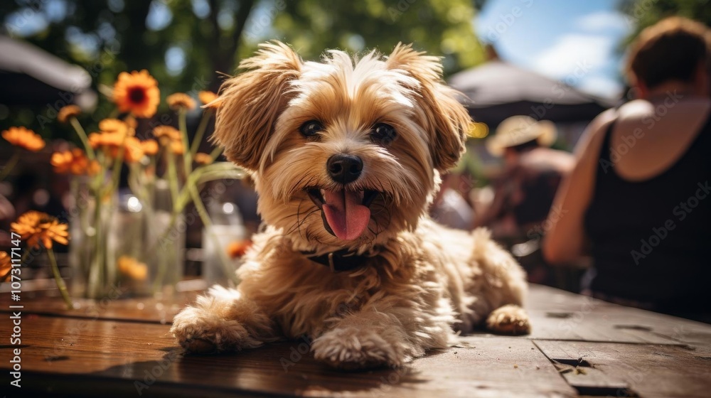 A small dog is laying on a wooden table in front of a group of people A small dog is laying on a wooden table in front of a group of people