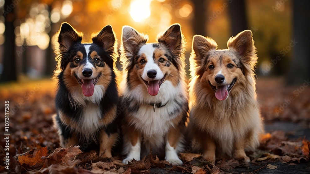 Three dogs are sitting on the ground in a park Three dogs are sitting on the ground in a park