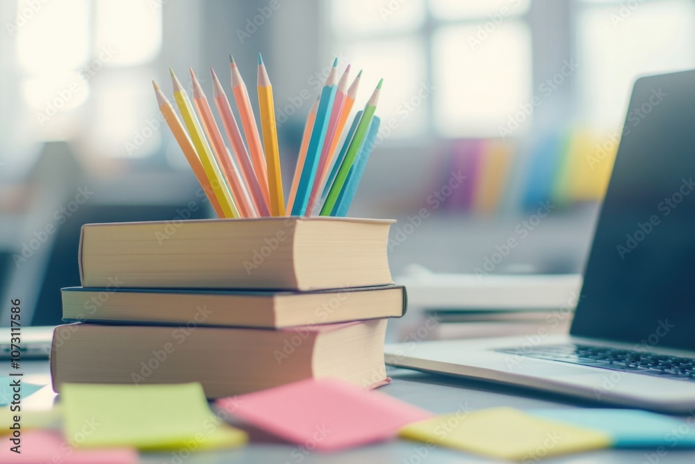 A well-organized workspace with books, sticky notes, pencils and a laptop. A well-organized workspace with books, sticky notes, pencils and a laptop.