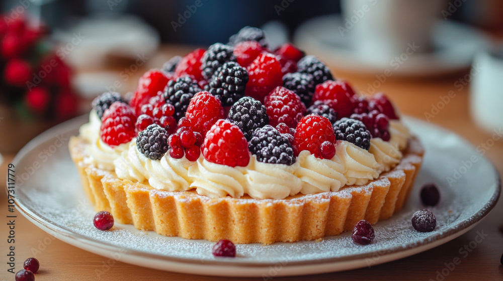 Fresh mixed berry tart with whipped cream on a plate Fresh mixed berry tart with whipped cream on a plate