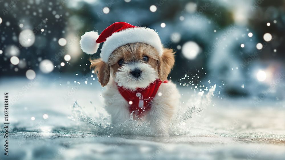 Fluffy Puppy in Festive Outfit Splashing in Winter Landscape Fluffy Puppy in Festive Outfit Splashing in Winter Landscape