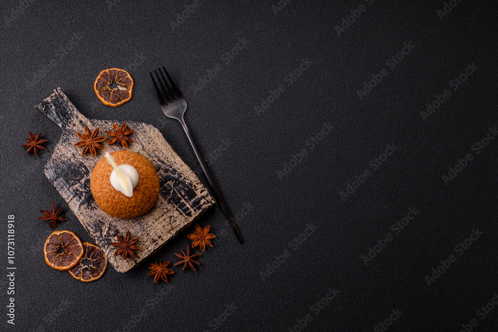 Delicious sweet shu cake with cream and nuts Delicious sweet shu cake with cream and nuts